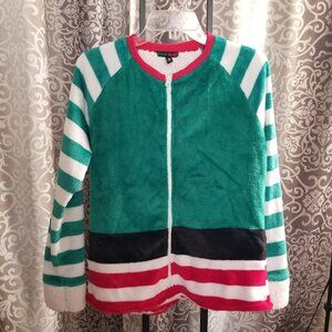 Derek Heart Womens S Christmas Elf Stripe Zip Up Sweater Green Red White Black
